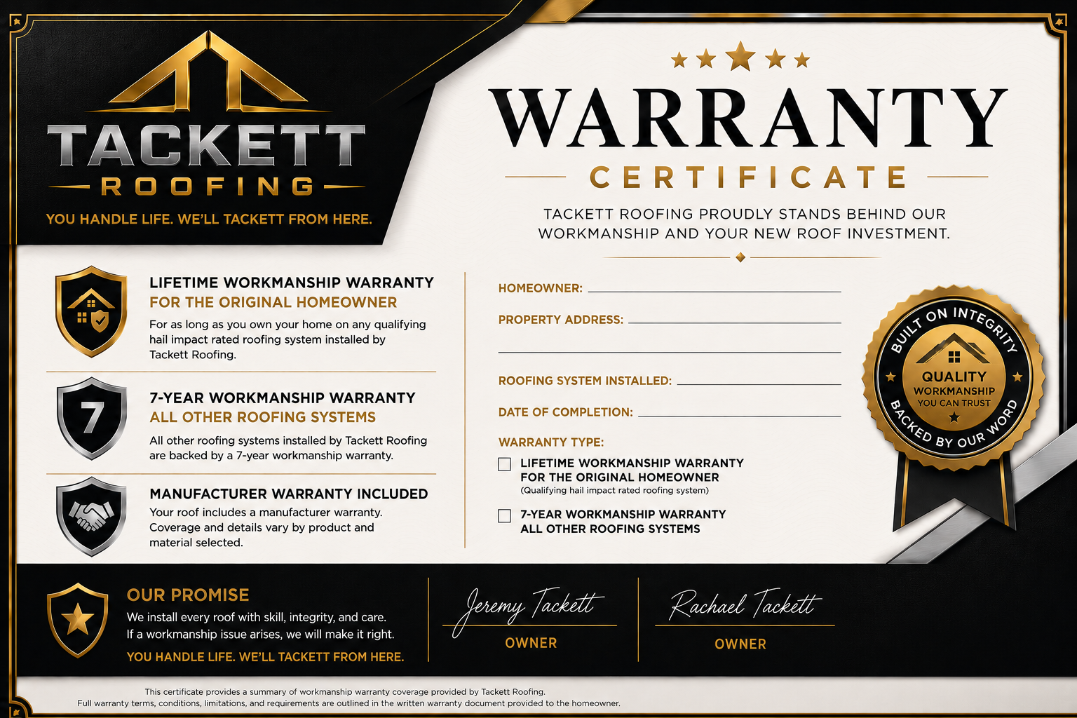 Tackett Roofing warranty certificate
