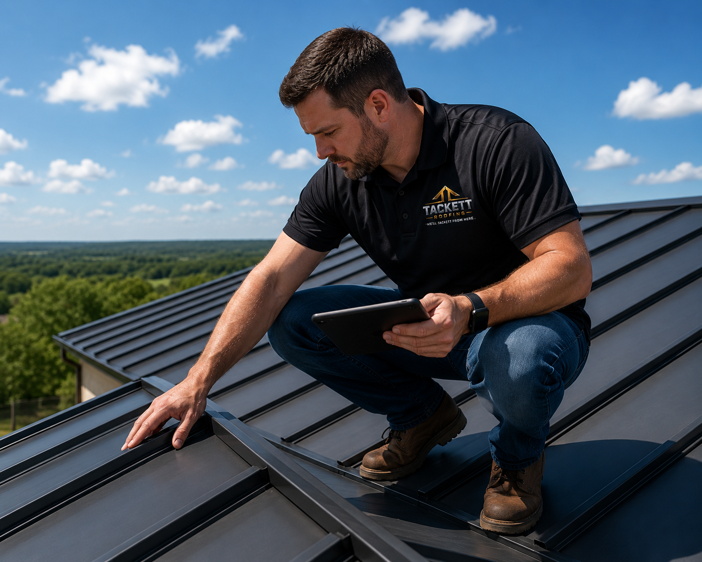Tackett Roofing team member inspecting a metal roof