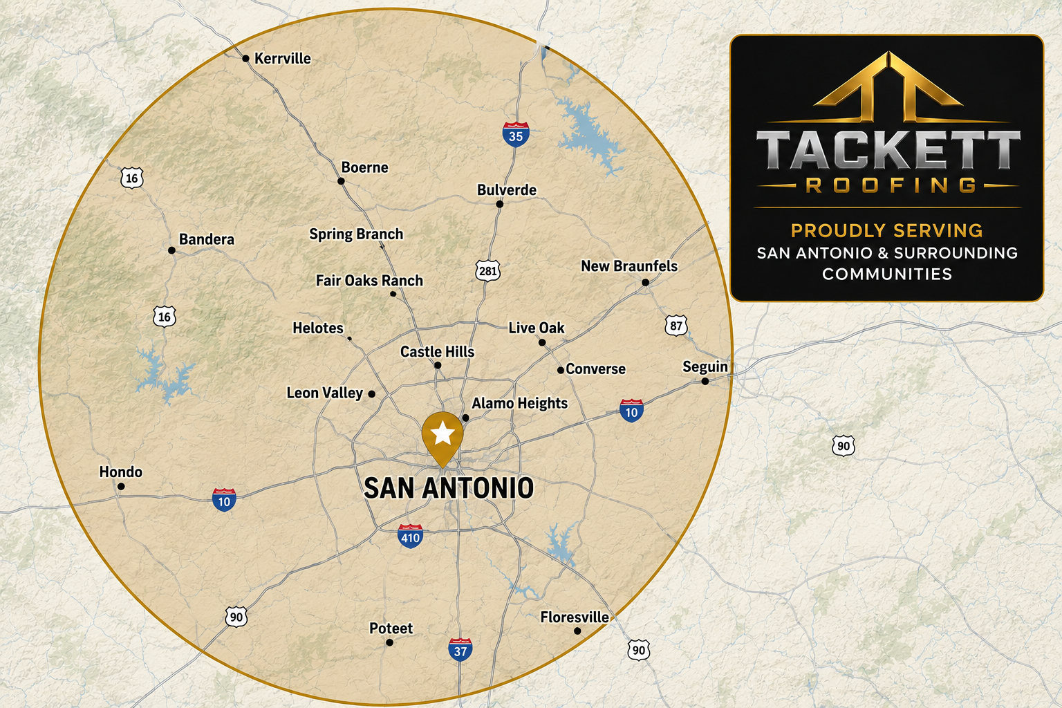 Roofing service area coverage in San Antonio and the Texas Hill Country