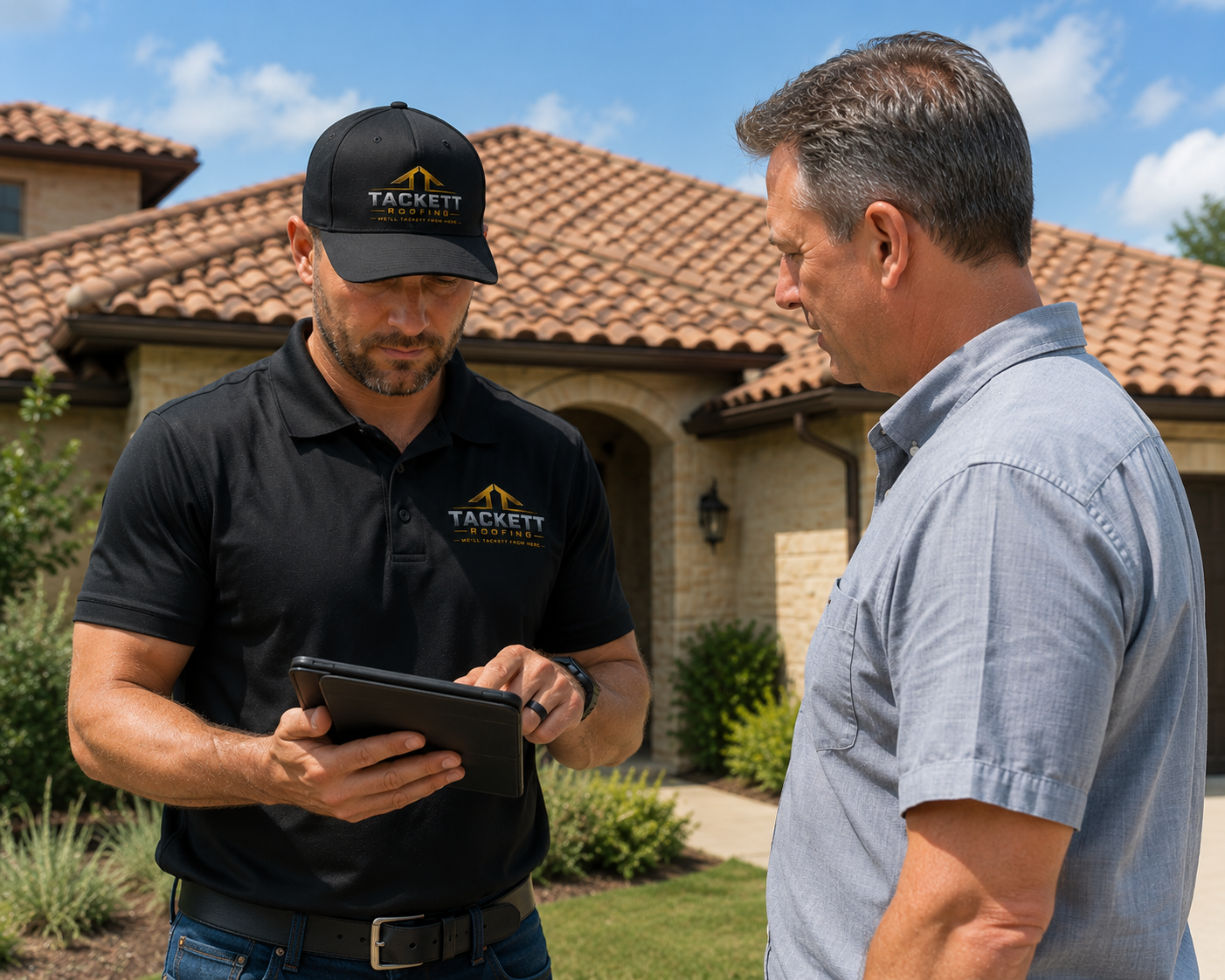 Homeowner standing beside a tile roof